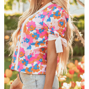 Kimia White Floral Colorblock Striped Edge V Neck Knotted Short Sleeve Blouse