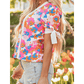 Kimia White Floral Colorblock Striped Edge V Neck Knotted Short Sleeve Blouse