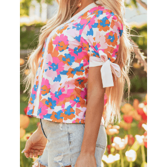 Kimia White Floral Colorblock Striped Edge V Neck Knotted Short Sleeve Blouse