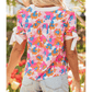 Kimia White Floral Colorblock Striped Edge V Neck Knotted Short Sleeve Blouse