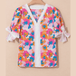 Kimia White Floral Colorblock Striped Edge V Neck Knotted Short Sleeve Blouse