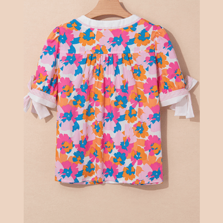 Kimia White Floral Colorblock Striped Edge V Neck Knotted Short Sleeve Blouse
