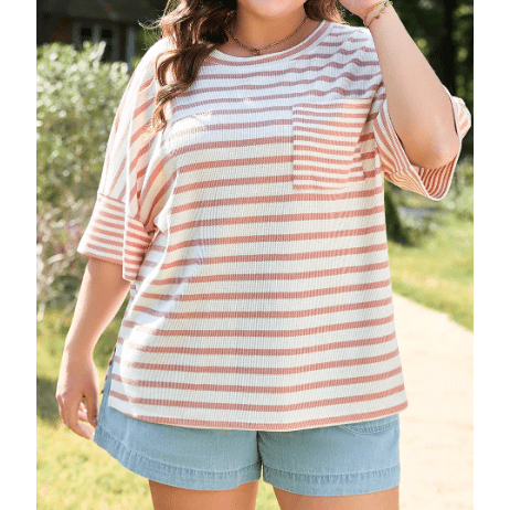 Tinny Pink Stripe Waffle Knit Pocketed Half Sleeve PLUS SIZE T Shirt