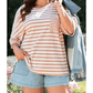 Tinny Pink Stripe Waffle Knit Pocketed Half Sleeve PLUS SIZE T Shirt
