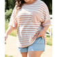 Tinny Pink Stripe Waffle Knit Pocketed Half Sleeve PLUS SIZE T Shirt