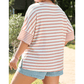 Tinny Pink Stripe Waffle Knit Pocketed Half Sleeve PLUS SIZE T Shirt