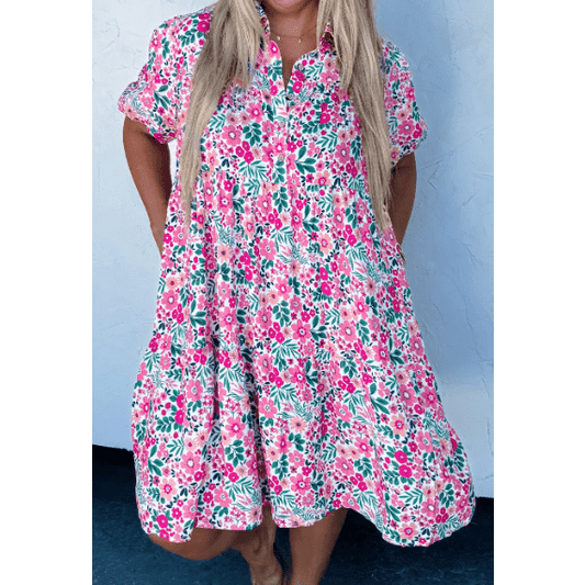 Romy Pink PLUS SIZE Floral Half Button Short Puff Sleeve A-line Dress