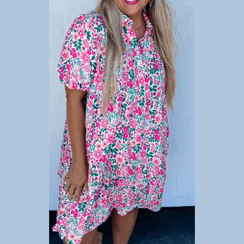 Romy Pink PLUS SIZE Floral Half Button Short Puff Sleeve A-line Dress