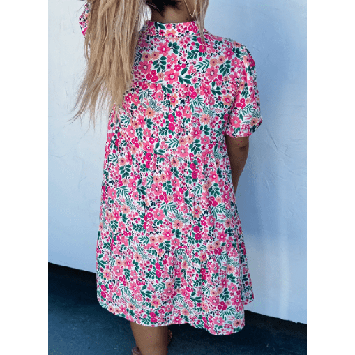 Romy Pink PLUS SIZE Floral Half Button Short Puff Sleeve A-line Dress