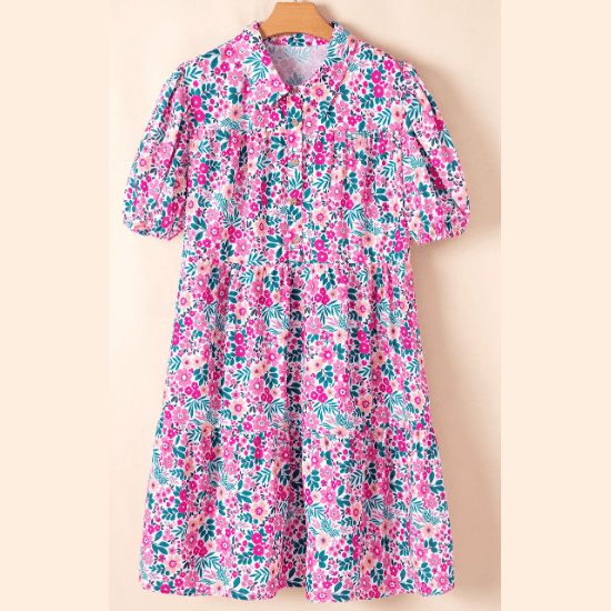 Romy Pink PLUS SIZE Floral Half Button Short Puff Sleeve A-line Dress
