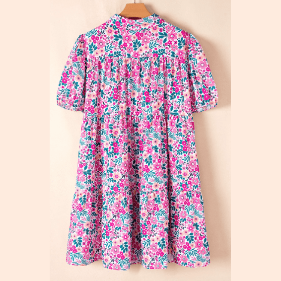 Romy Pink PLUS SIZE Floral Half Button Short Puff Sleeve A-line Dress
