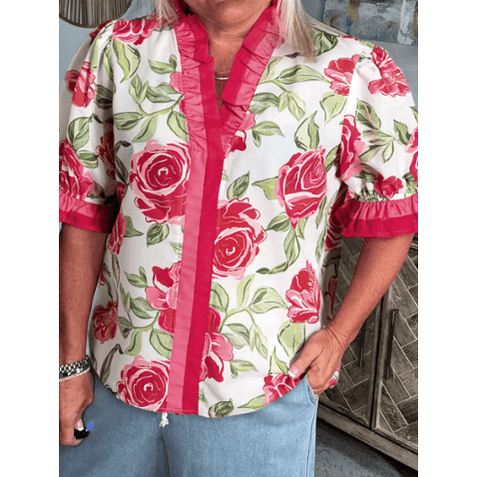 Joceline PLUS SIZE Floral Print Frilled Stripes Detail Short Sleeve Blouse