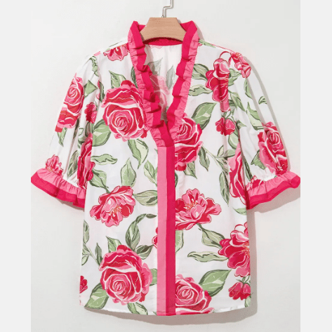 Joceline PLUS SIZE Floral Print Frilled Stripes Detail Short Sleeve Blouse