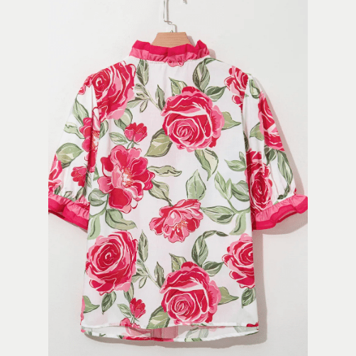 Joceline PLUS SIZE Floral Print Frilled Stripes Detail Short Sleeve Blouse
