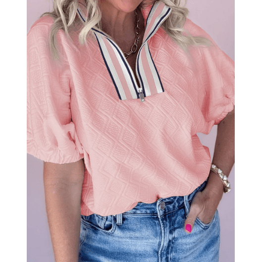 Brooklyn Pink Contrast Striped Collar Patchwork Textured Half Sleeve Blouse
