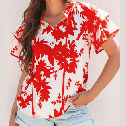 Selma Red Plant Print Tiered Ruffled Sleeve V Neck Blouse
