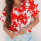 Selma Red Plant Print Tiered Ruffled Sleeve V Neck Blouse