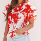 Selma Red Plant Print Tiered Ruffled Sleeve V Neck Blouse