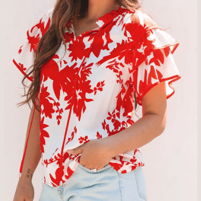Selma Red Plant Print Tiered Ruffled Sleeve V Neck Blouse