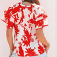 Selma Red Plant Print Tiered Ruffled Sleeve V Neck Blouse