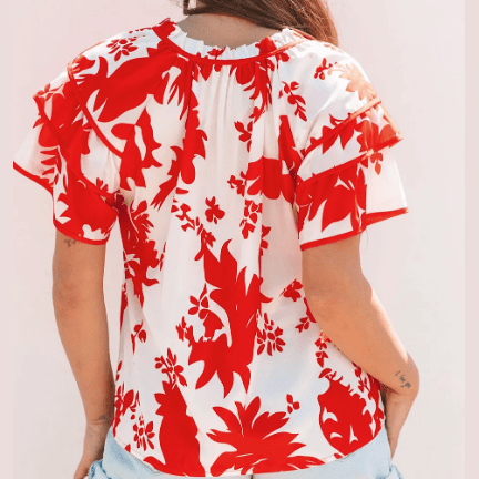 Selma Red Plant Print Tiered Ruffled Sleeve V Neck Blouse