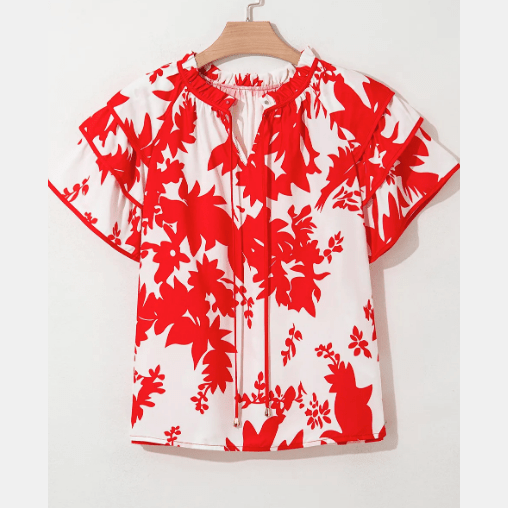 Selma Red Plant Print Tiered Ruffled Sleeve V Neck Blouse