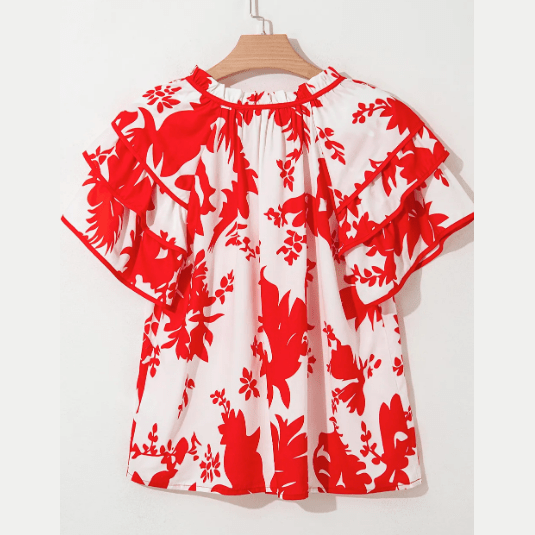 Selma Red Plant Print Tiered Ruffled Sleeve V Neck Blouse
