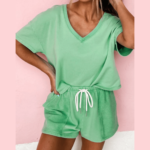 Penni Mint Green V Neck Drop Shoulder Tee and Patchwork Drawstring Shorts Set