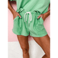 Penni Mint Green V Neck Drop Shoulder Tee and Patchwork Drawstring Shorts Set