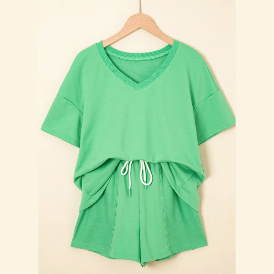 Penni Mint Green V Neck Drop Shoulder Tee and Patchwork Drawstring Shorts Set