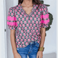 SALE!!!   Leigh Ann Sachet Pink V-Neck Ruffle Abstract Floral Print Puff Sleeve Top