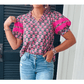 SALE!!!   Leigh Ann Sachet Pink V-Neck Ruffle Abstract Floral Print Puff Sleeve Top
