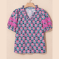 SALE!!!   Leigh Ann Sachet Pink V-Neck Ruffle Abstract Floral Print Puff Sleeve Top