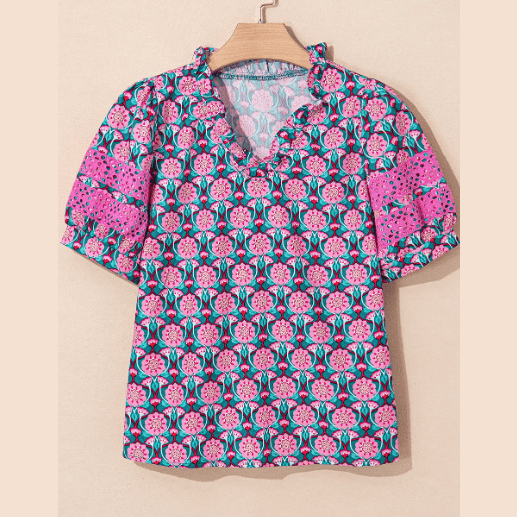 SALE!!!   Leigh Ann Sachet Pink V-Neck Ruffle Abstract Floral Print Puff Sleeve Top