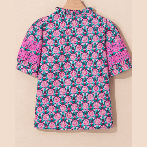 SALE!!!   Leigh Ann Sachet Pink V-Neck Ruffle Abstract Floral Print Puff Sleeve Top