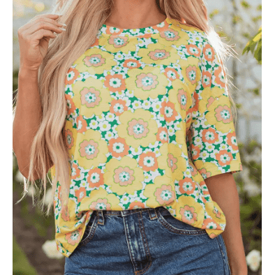 Laurette Yellow Summer Flower Printed Drop Shoulder Loose T Shirt