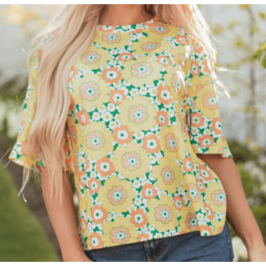 RTS Laurette Yellow Summer Flower Printed Drop Shoulder Loose T Shirt