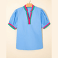 Nancie Sky Blue Contrast Striped V Neck Collision Short Puff Sleeve Blouse