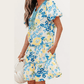 Macee Blue Floral Striped Trim Puff Short Sleeve Dress