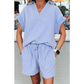 Ashlynn Sky Blue Stripe Dolman Sleeve Polo Shirt and Drawstring Shorts Set