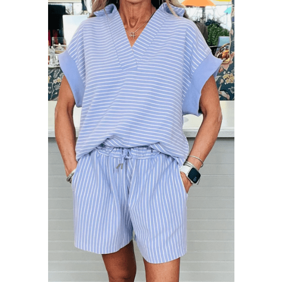 Ashlynn Sky Blue Stripe Dolman Sleeve Polo Shirt and Drawstring Shorts Set