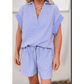 Ashlynn Sky Blue Stripe Dolman Sleeve Polo Shirt and Drawstring Shorts Set
