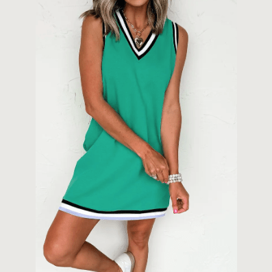 Elsabeth Green Color Contrast Trim V Neck Shift Sleeveless Mini Dress