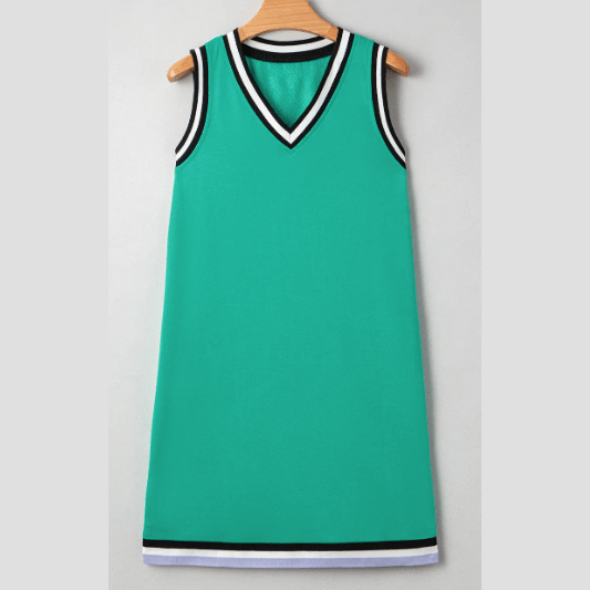 Elsabeth Green Color Contrast Trim V Neck Shift Sleeveless Mini Dress