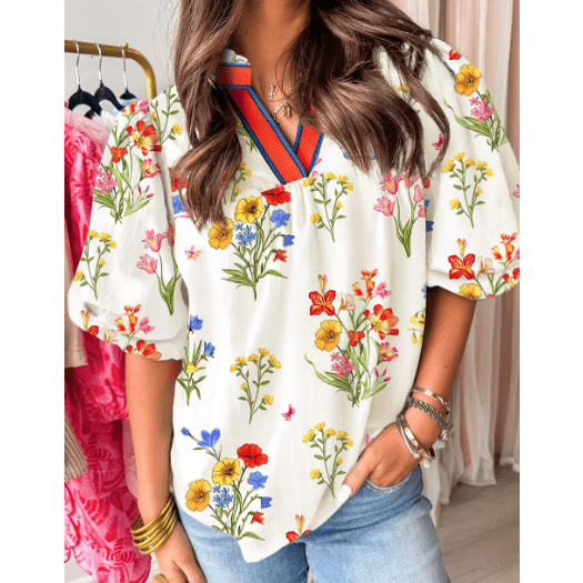 Blakelie White Floral Short Puff Sleeve Contrast V Neck Print Blouse