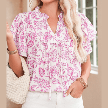 Edee Pink Baroque Floral Ruffle Sleeve V Neck Blouse Top
