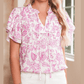 Edee Pink Baroque Floral Ruffle Sleeve V Neck Blouse Top