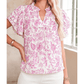 Edee Pink Baroque Floral Ruffle Sleeve V Neck Blouse Top