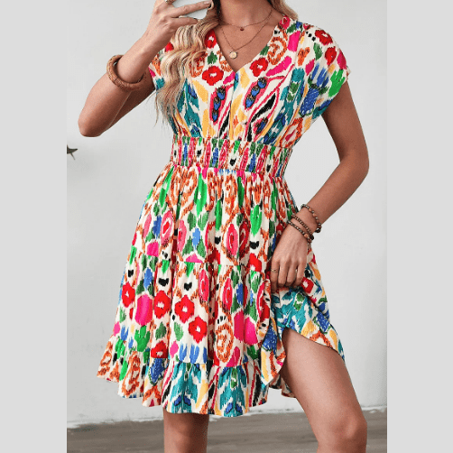 Larae Abstract Print V Neck Dolman Sleeve Ruffle Tiered Mini Dress