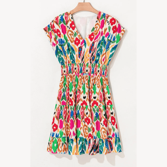 Larae Abstract Print V Neck Dolman Sleeve Ruffle Tiered Mini Dress